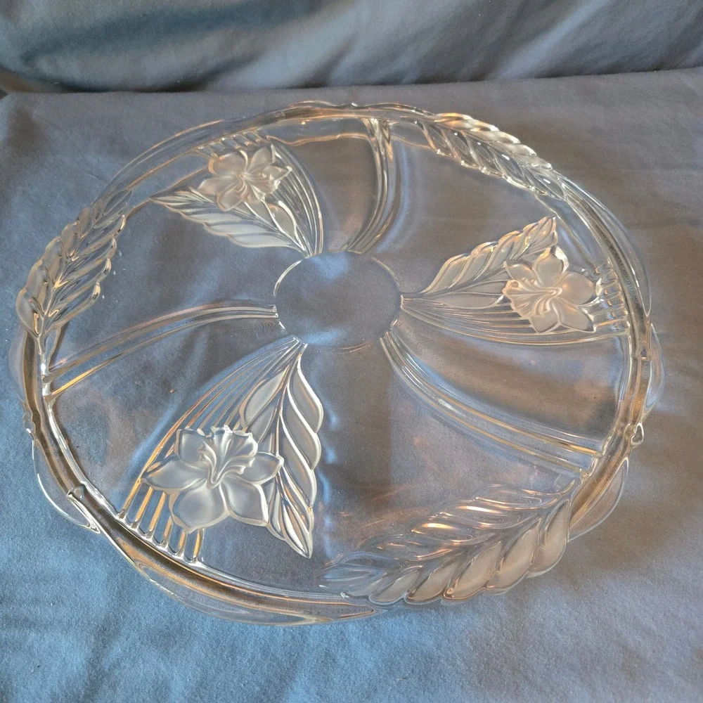Vintage Frosted Floral Clear Glass Serving Platter Scalloped Wheat Rim 12 Inch